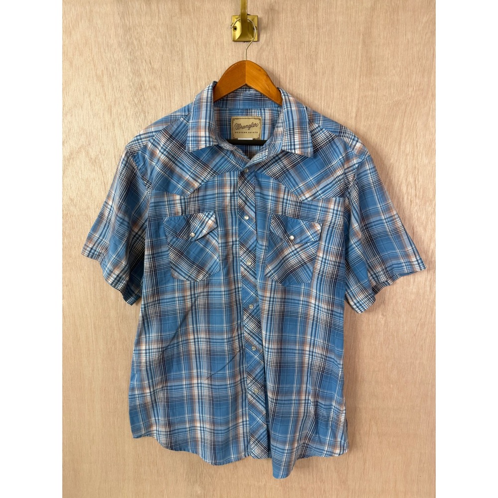 Wrangler Western Shirt Mens XL Blue Plaid Short Sleeve Pearl Snap Button Down